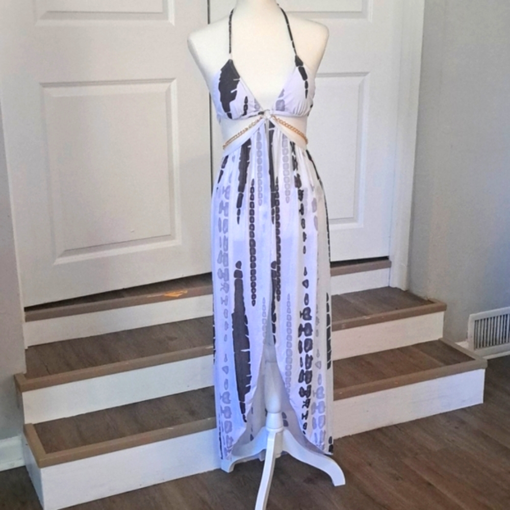 Womens Swimsuit & Cover Up Chiffon High Slit Sheer Boho Maxi Halter Dress Med